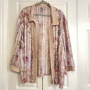 Vintage Womens Pink Watercolor Floral Gold Semi Sheer Dress Jacket Topper 5X